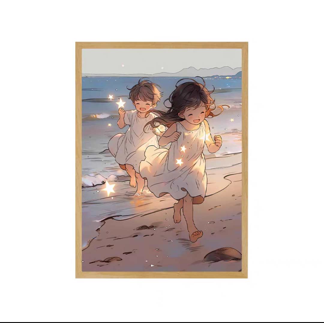 Yitoto™夕暮れの光と影のフレーム【海辺の男の子と女の子】