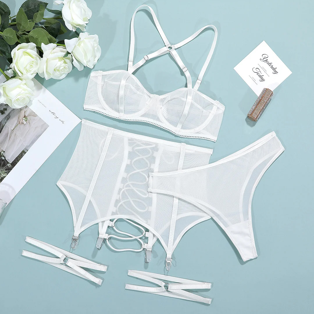 Sexy Underwear Cross Tie Hollow Out Three Piece Set-Uxolclub