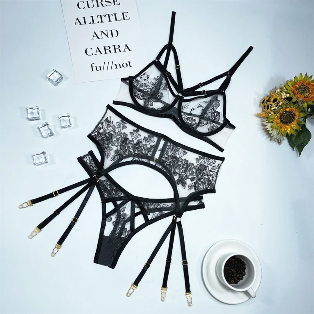 Lace Embroidery Black Sex Lingerie Set-Uxolclub