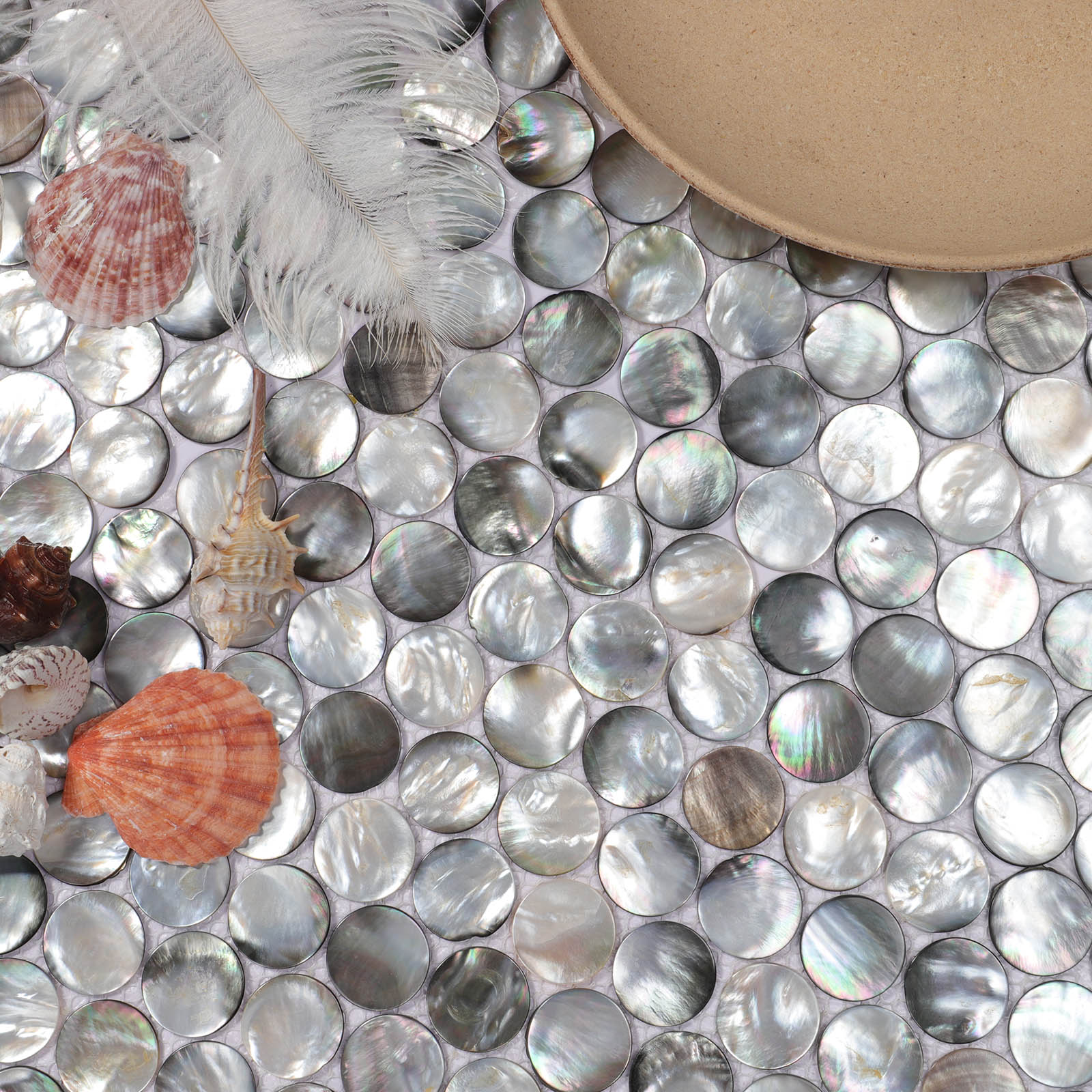 Close-up of Penny Rounds Black Mother of Pearl Tile highlighting iridescent sheen.
