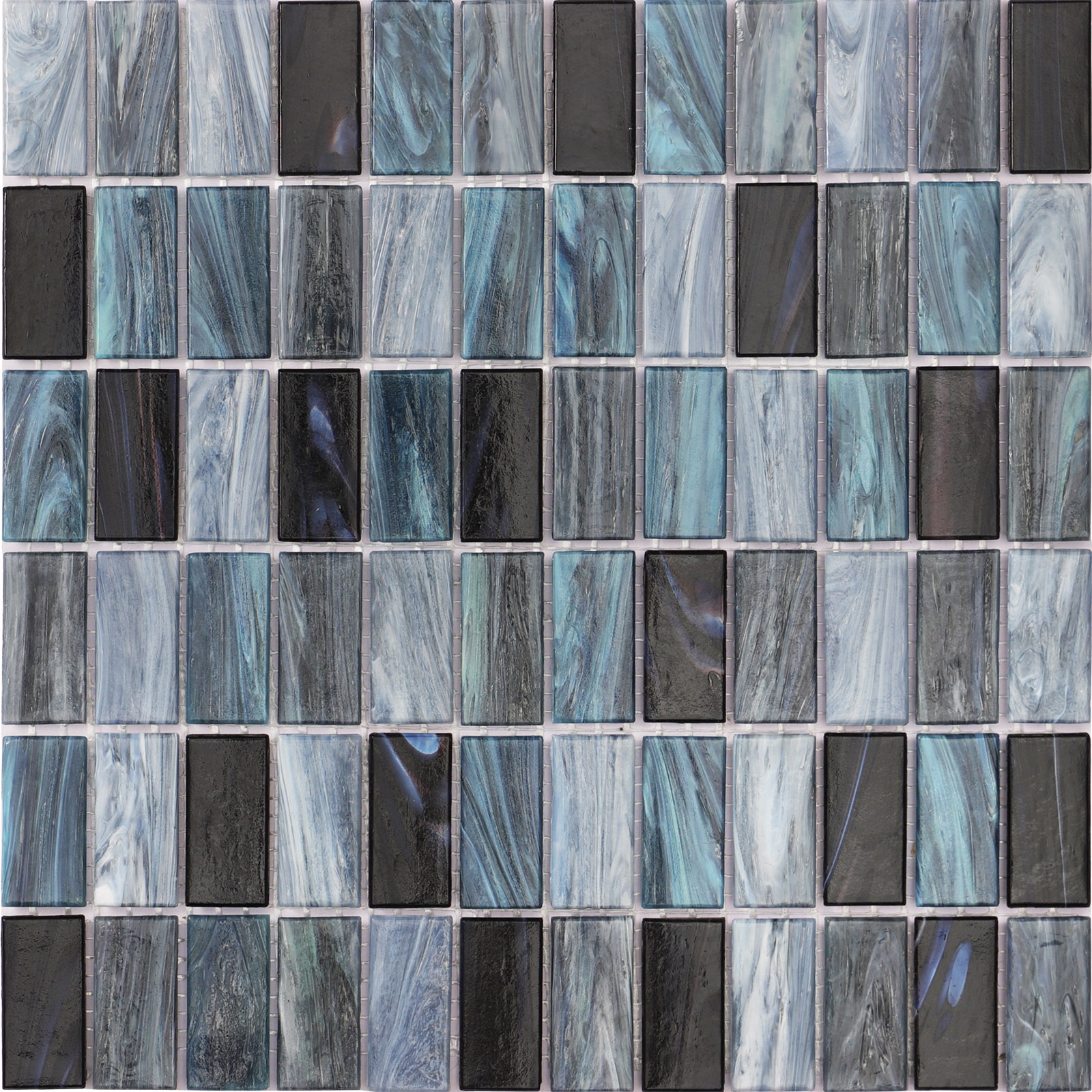 Rectangle blue iridescent mosaic tiles with shimmering surface.