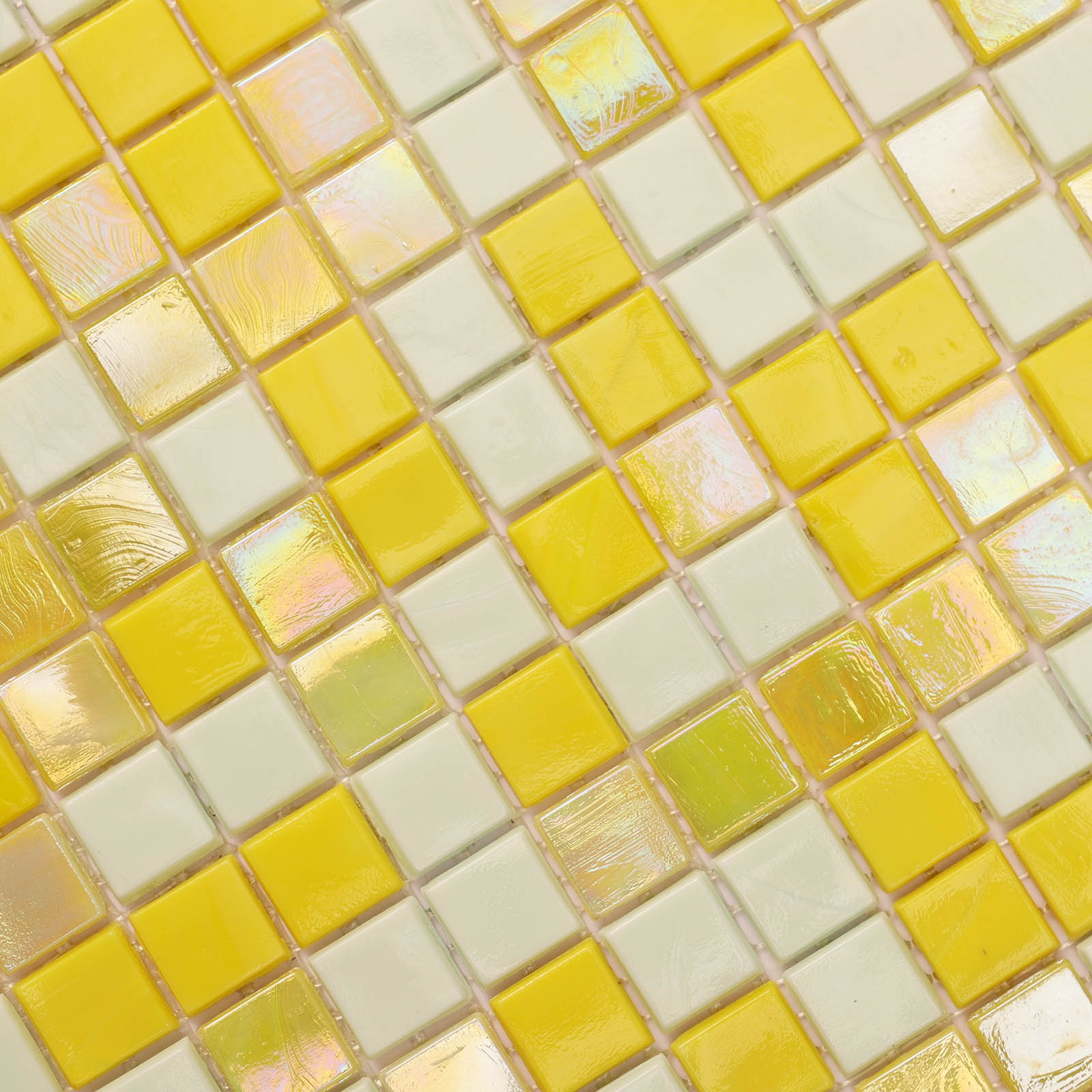 thumbnail image 2 of Iridescent Yellow Glass Mosaic Wall Tile - 3/4" Squares, 12"x12" Sheet, Gloss Finish 2 of 13