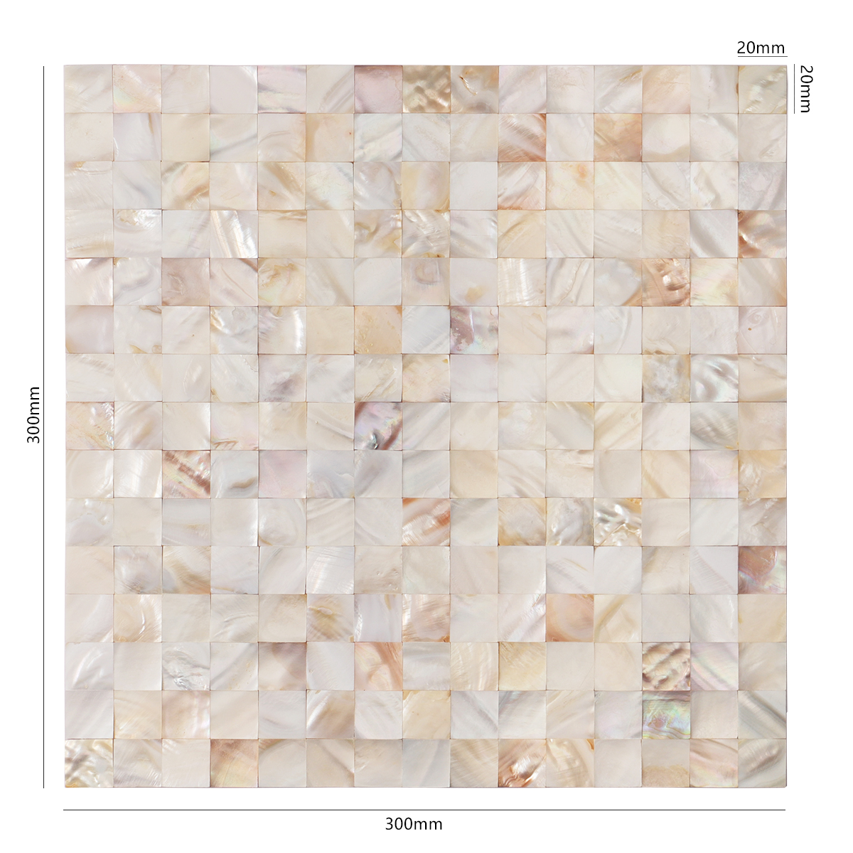 A sheet of natural mother of pearl mosaic tile, size specified.