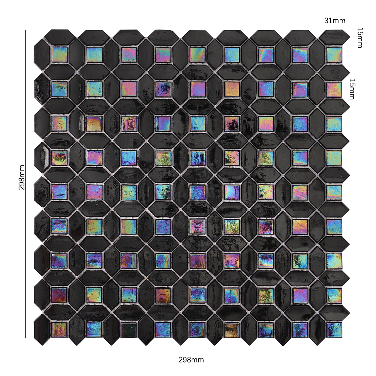 Size view of obverse side of black mini picket and square iridescent glass mosaic tiles.