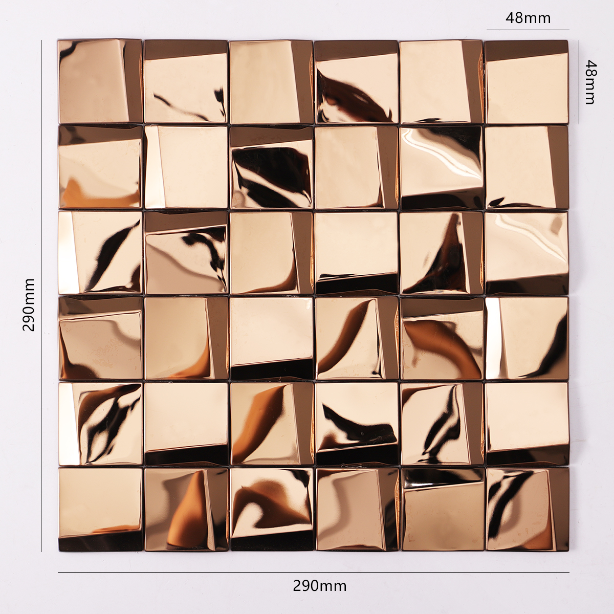 Obverse side of mirror gold metal square mosaic tiles,showing size.