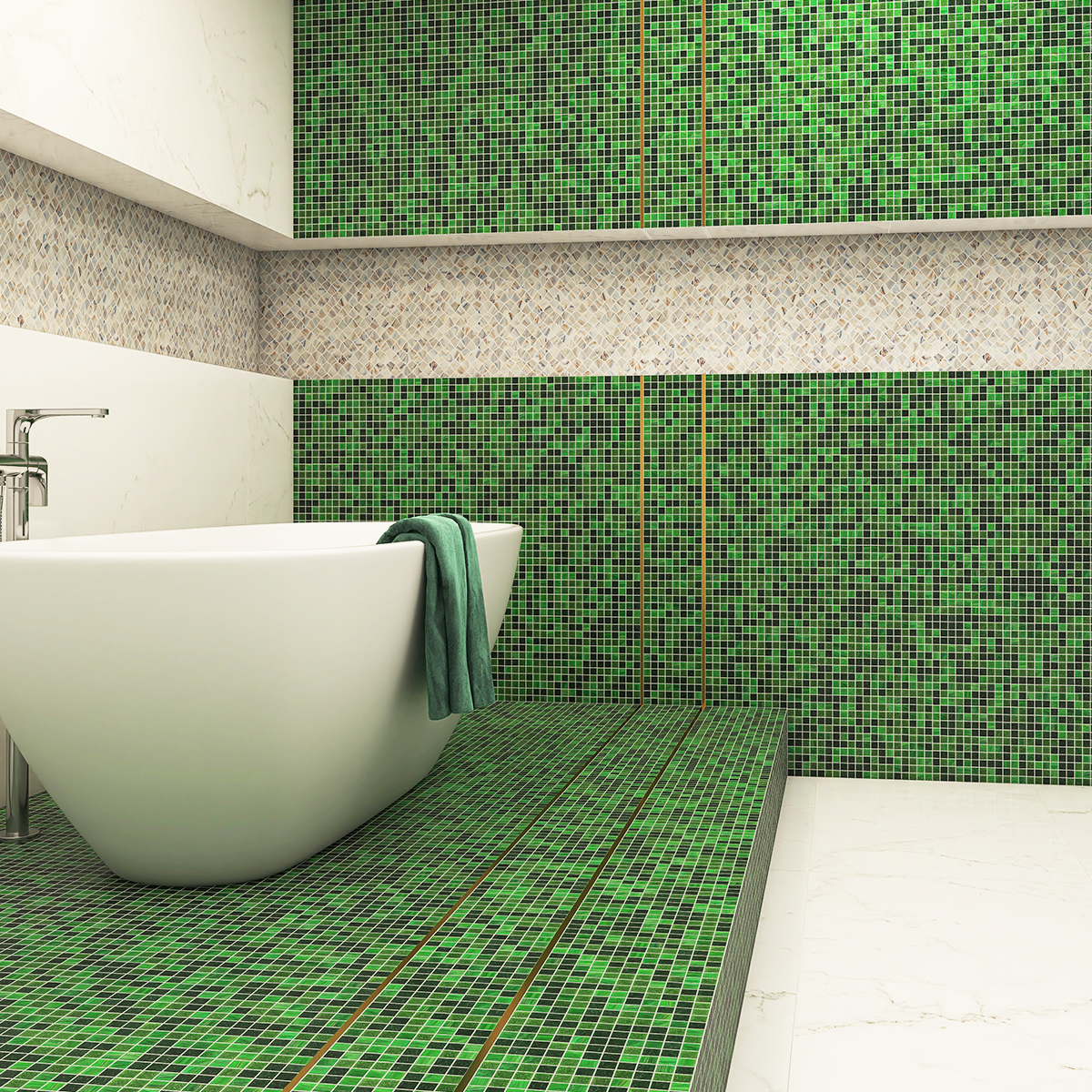 Modern Style Bathroom With Moss Green Glass Mosaic Tiles