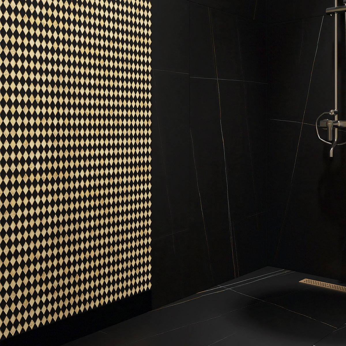 Black Gold Checkerboard Diamond Glass Mosaic Tiles Shower