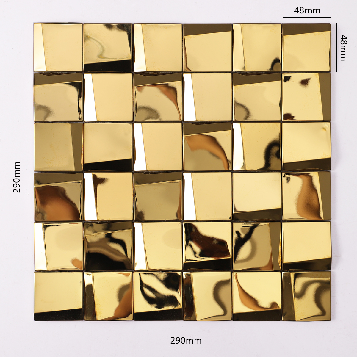 Obverse side of gold 3D stainless steel square mosaic tiles with size details.