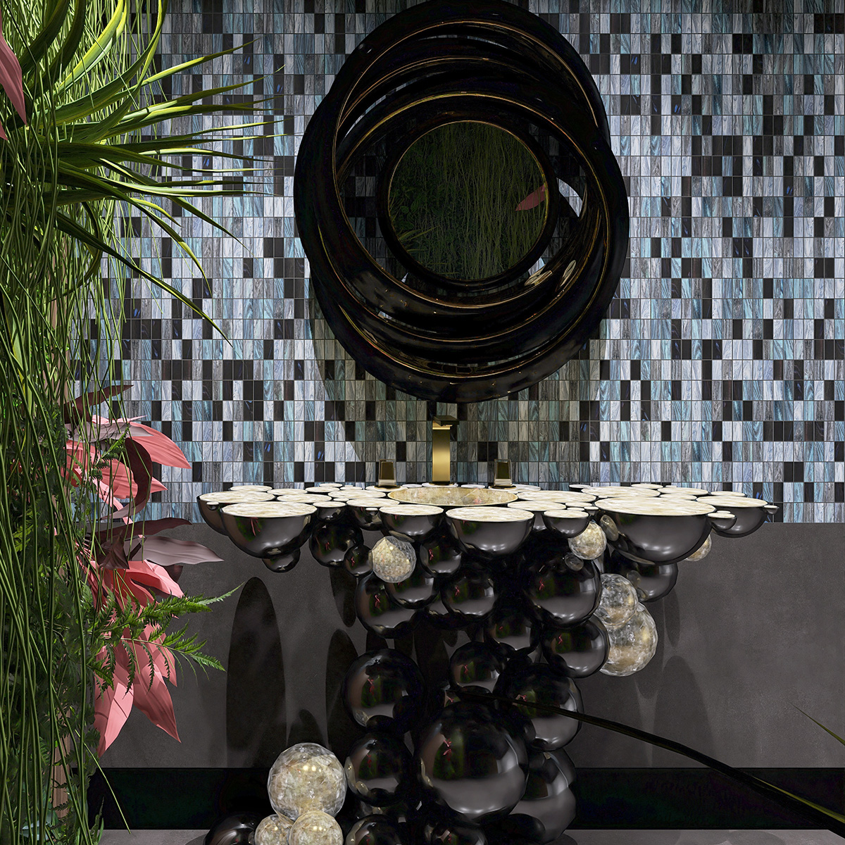 Black Grey Mosaic Tiles Bathroom