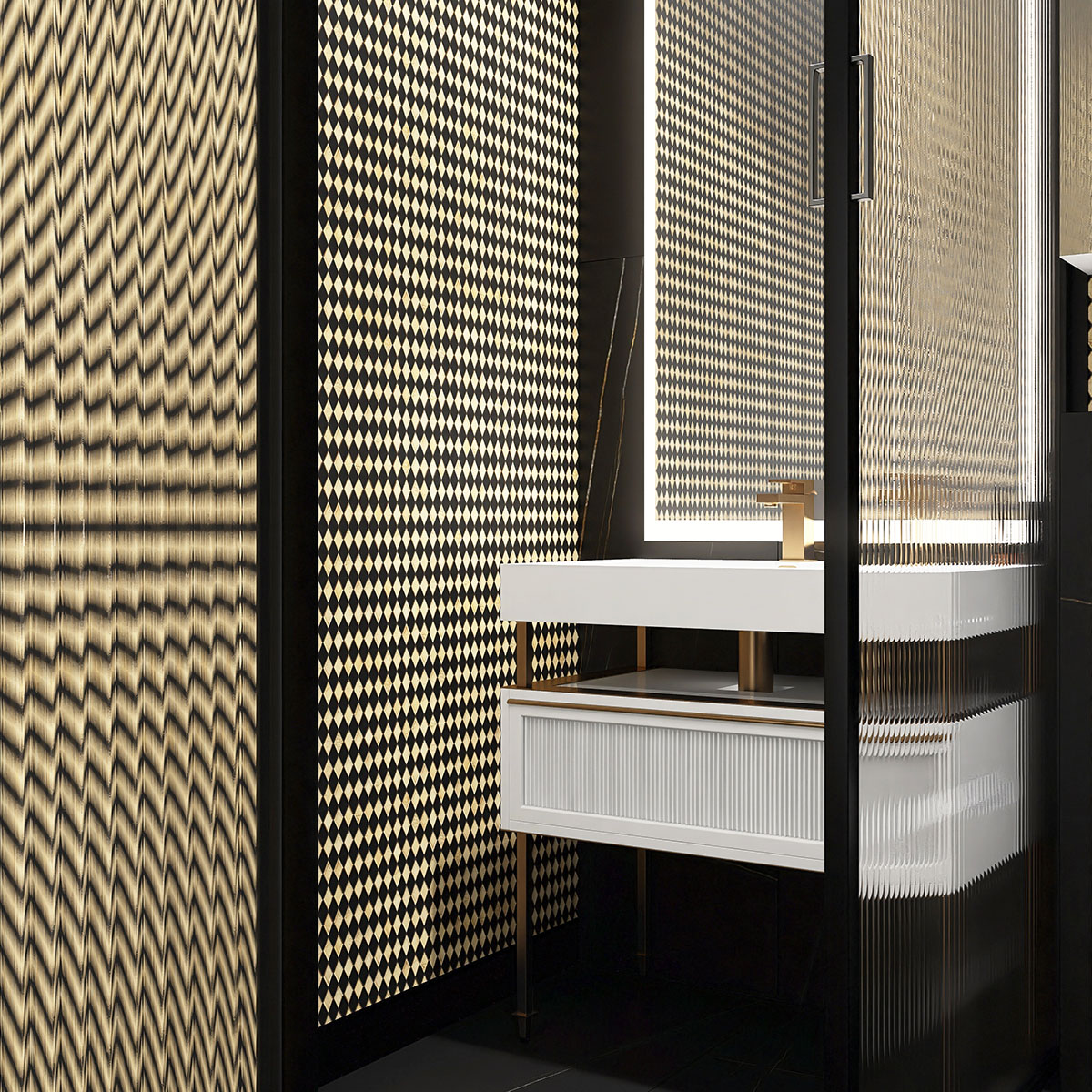 Black Gold Checkerboard Diamond Glass Mosaic Tiles Bathroom