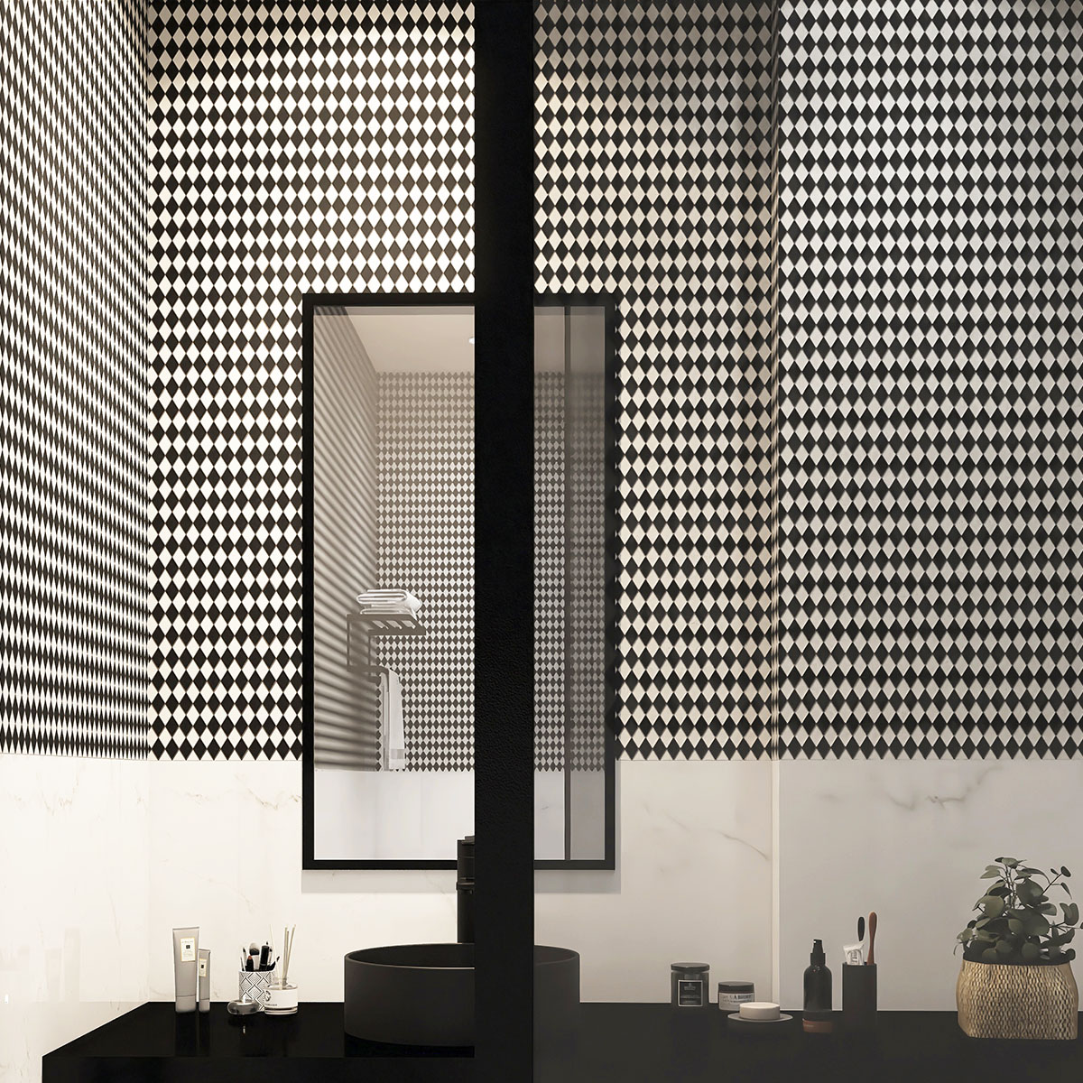 Bathroom wall with black and white checkerboard diamond glass mosaic tiles.