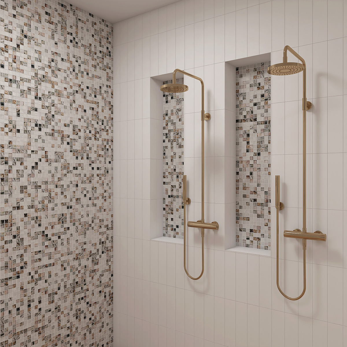 Amber translucence white and gray glass mosaic tile on bathroom wall and niches.