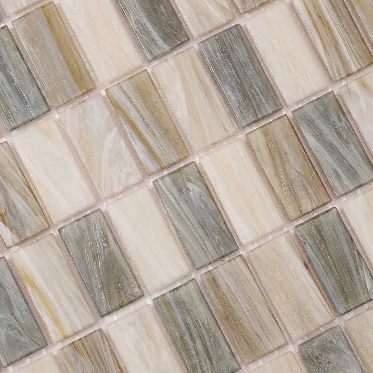 Close-up of rectangle beige multicolor glass mosaic tiles, view 2.