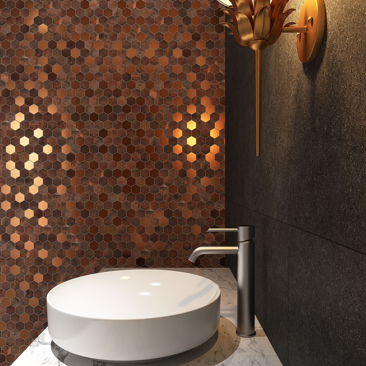Copper Hexagonal Metal Mosaic Wall Tiles  