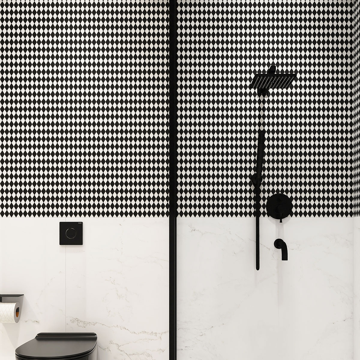 Black and white checkerboard diamond glass mosaic tiles on bathroom wall.