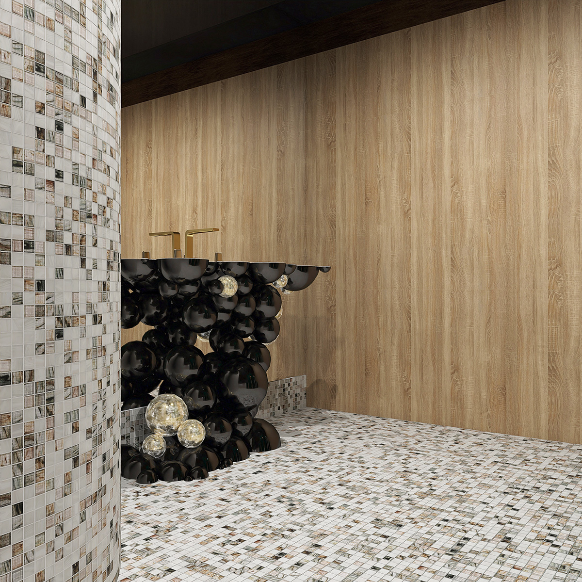 Amber translucence white and gray glass mosaic tile on wall and floor with mirror wall.