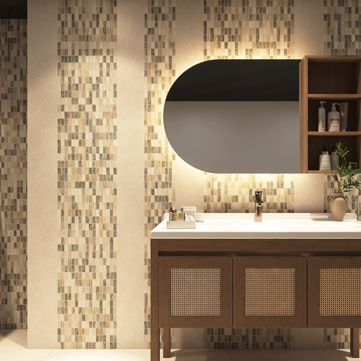 Rectangle beige multicolor glass mosaic tiles in a bathroom, view 2