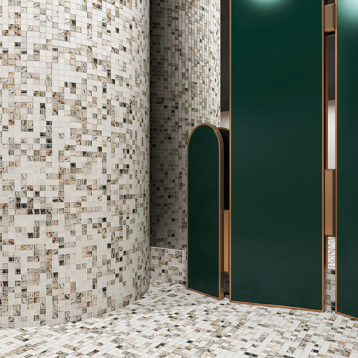 Amber translucence white and gray glass mosaic tile on wall and cylinder.