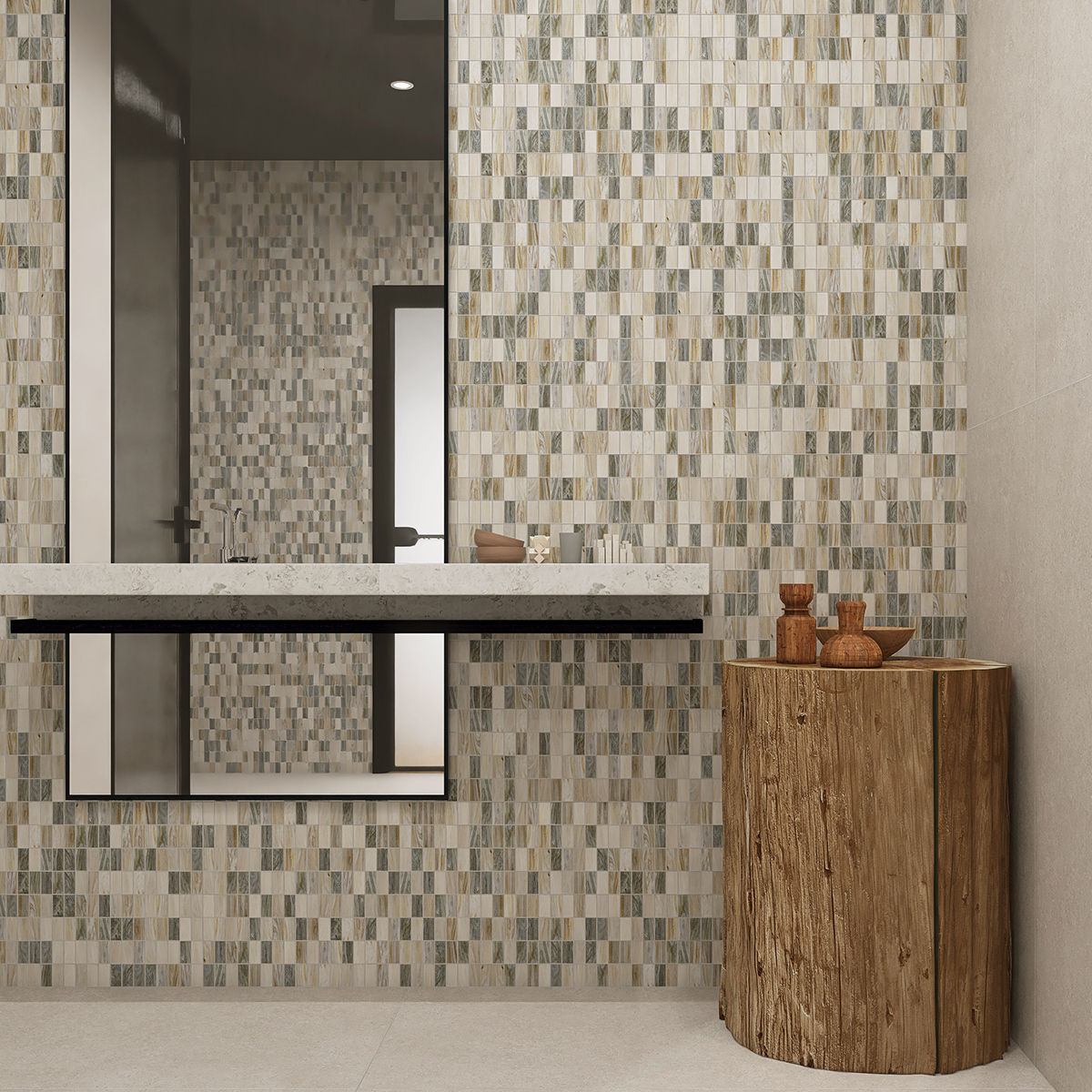 Rectangle beige multicolor glass mosaic tiles in a bathroom, view 3.