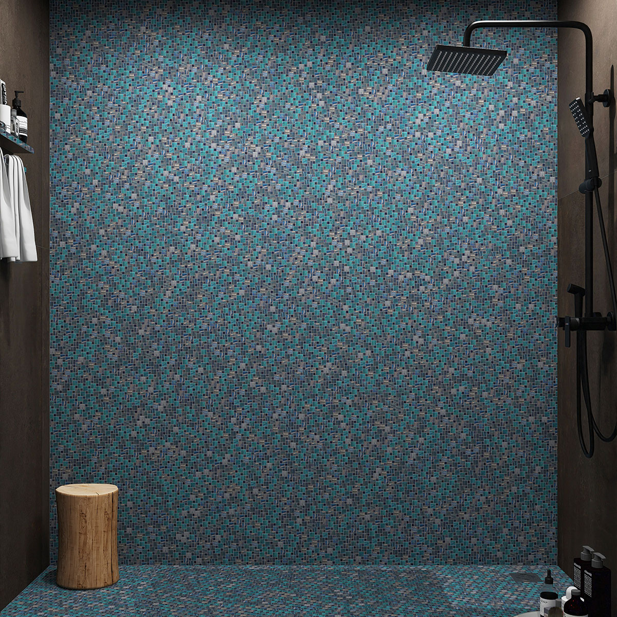 Teal Windmill Pattern Mosaic Shower Tiles