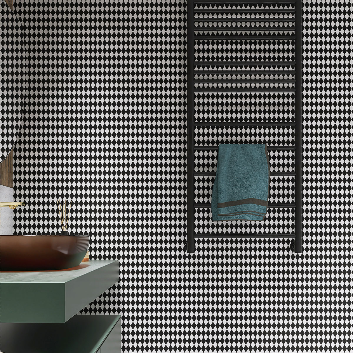 Black and white checkerboard diamond glass mosaic tiles on the bathroom wall.