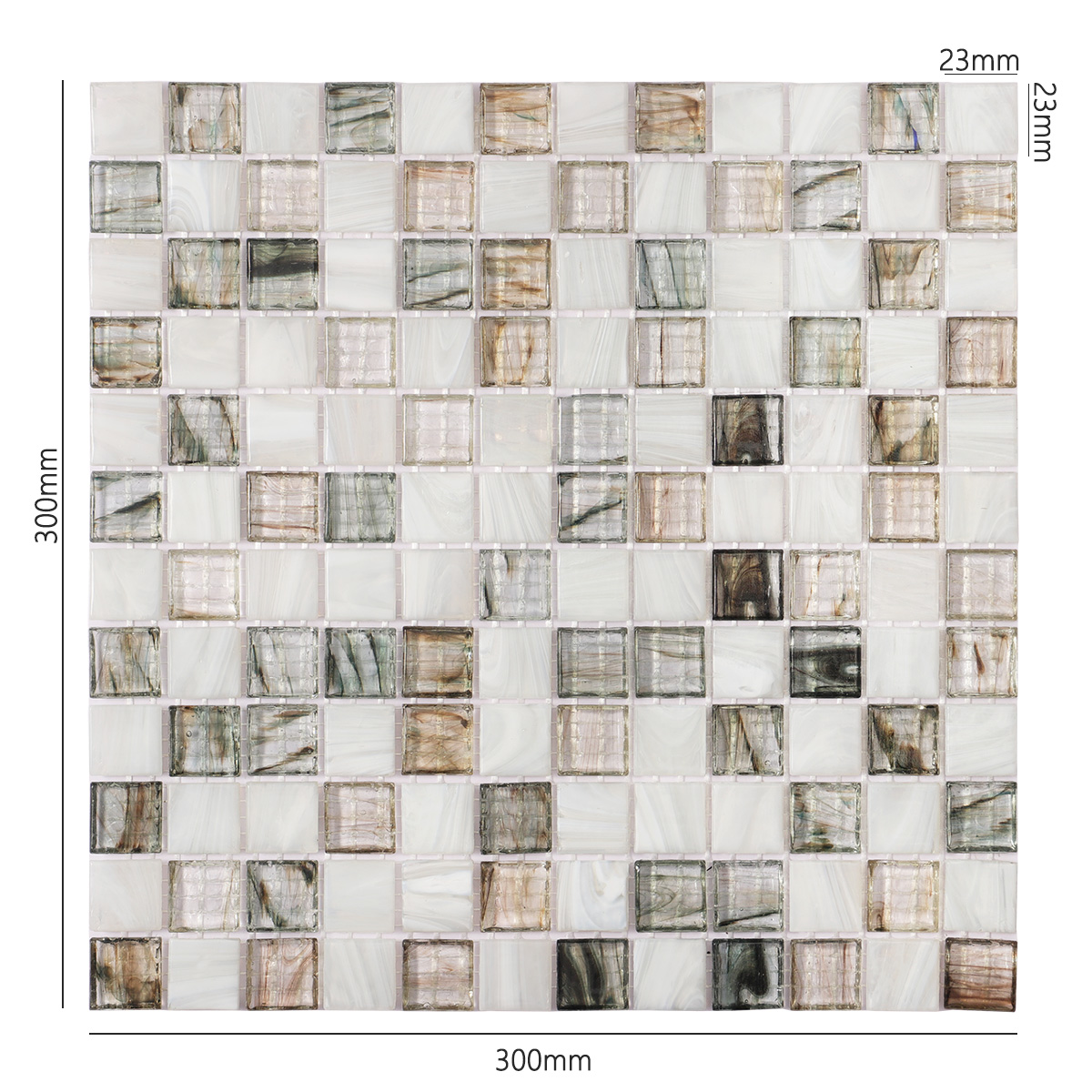 A sheet of amber translucence white and gray glass mosaic tile, size specified.