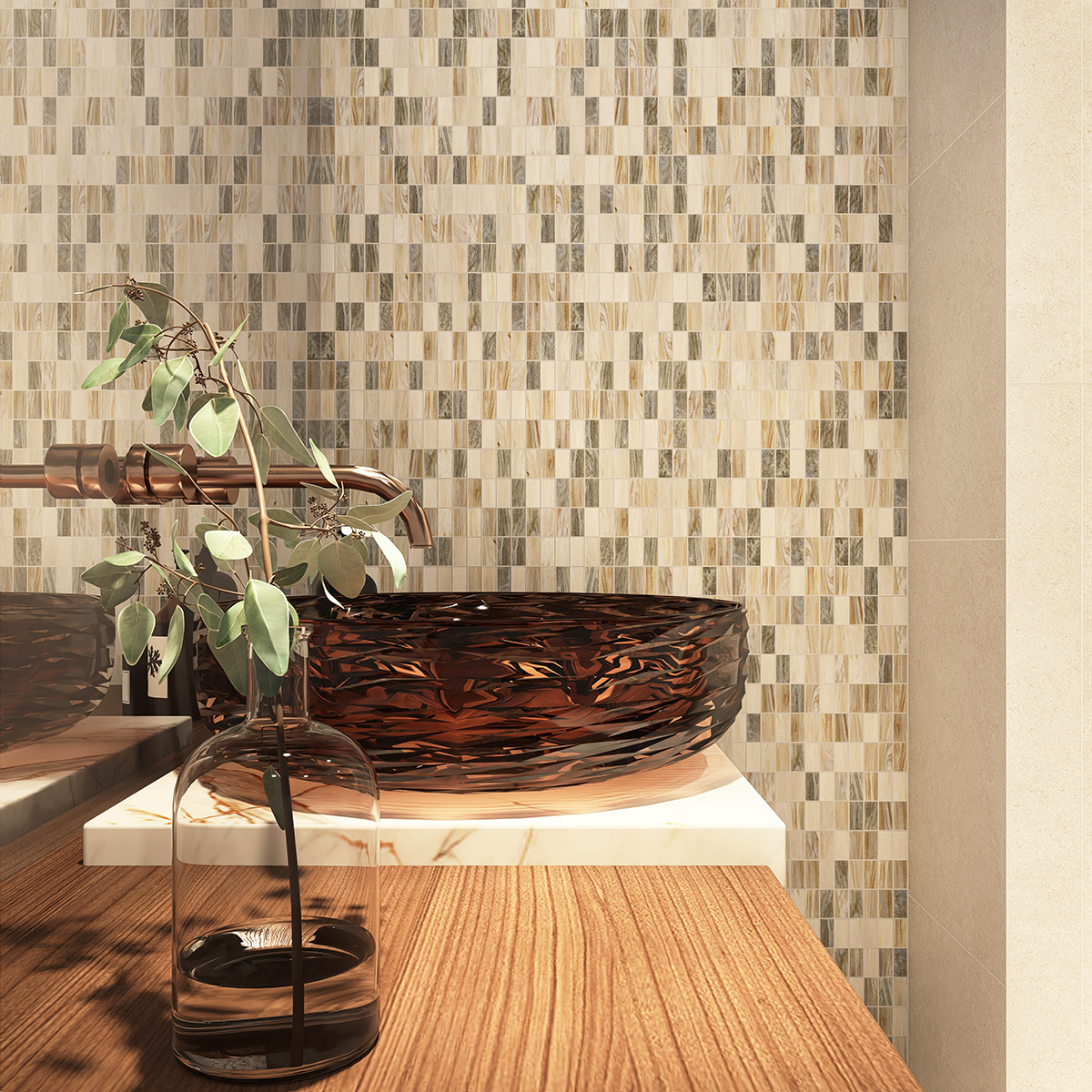 Rectangle beige multicolor glass mosaic tiles in a bathroom.