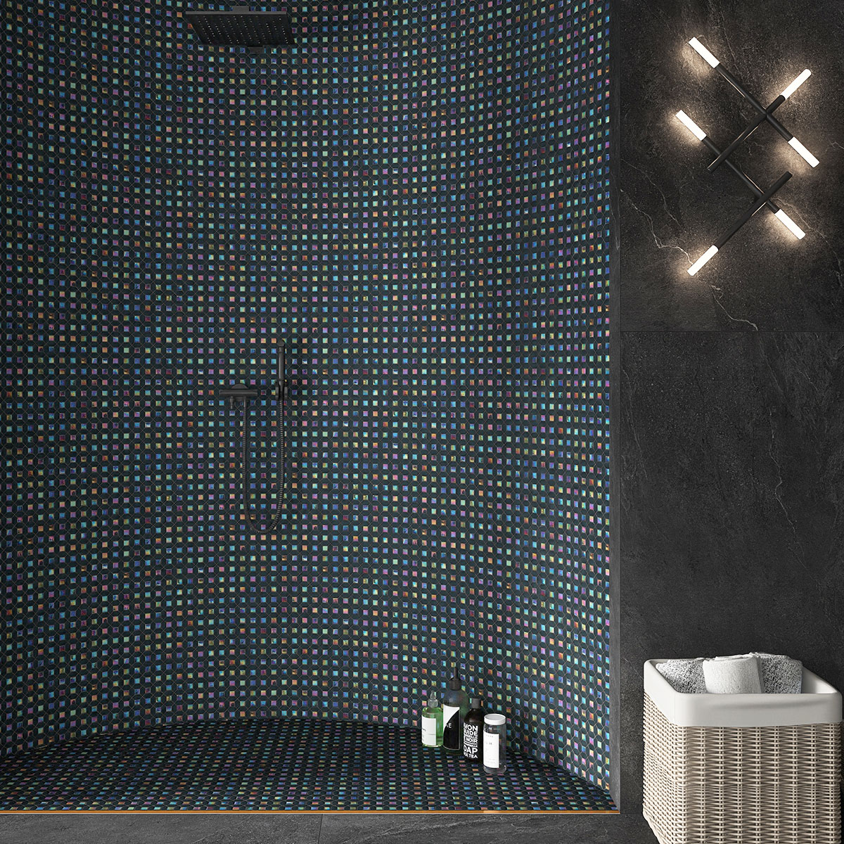Curved wall with black mini picket and square iridescent glass mosaic tiles