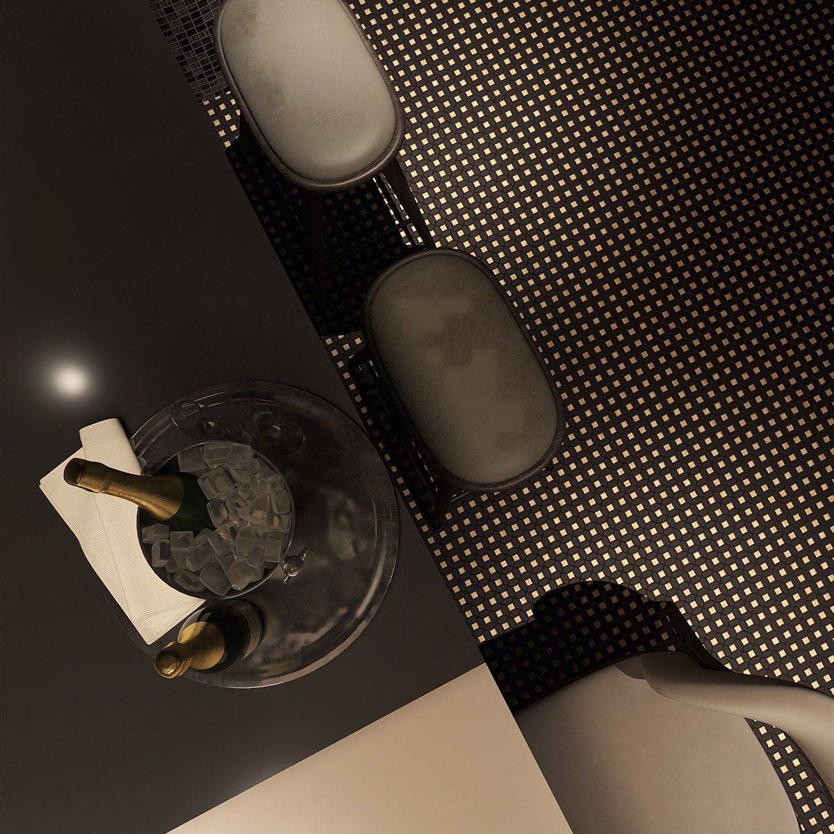 Black mini picket and square gold glass mosaic tiles on bar floor.