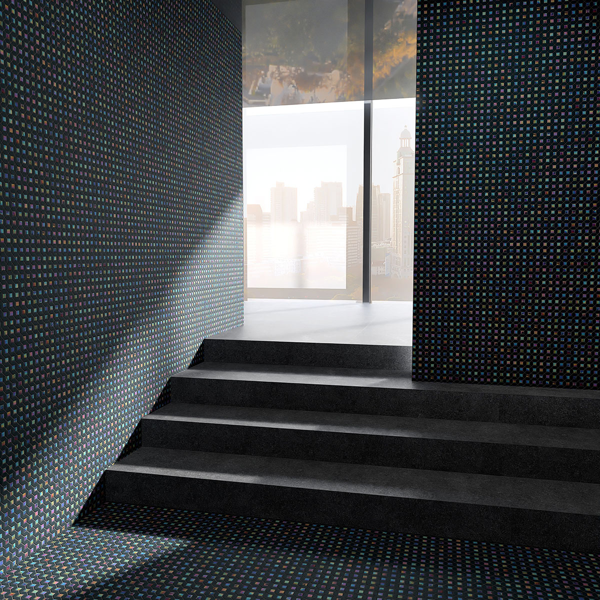 Black mini picket and square iridescent glass mosaic tiles in spa pool.