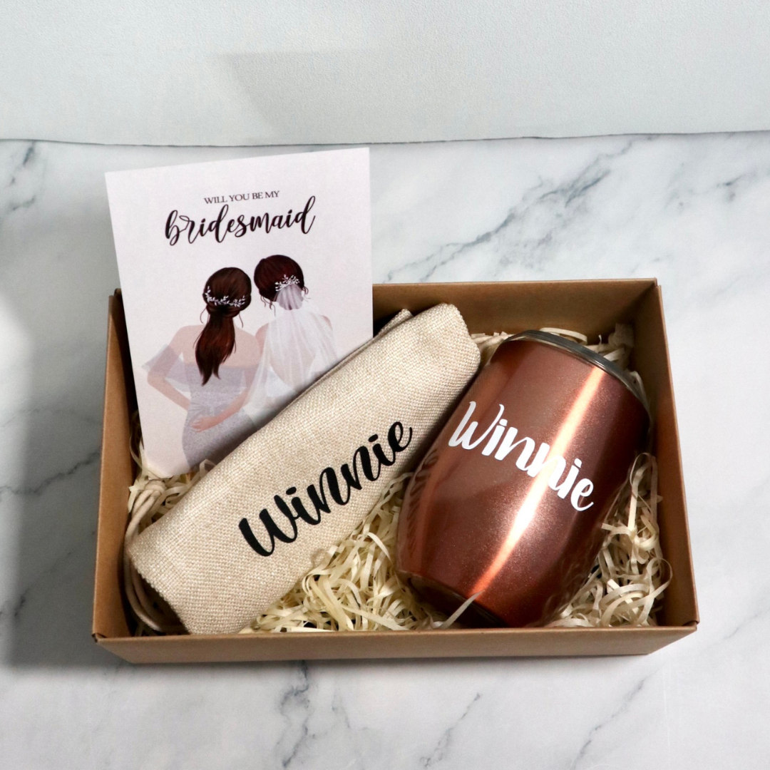 "OL" Custom Bridesmaid Gift Set With Flask Mug & Drawstring Pouch-Changjiu Chinese Wedding Shop