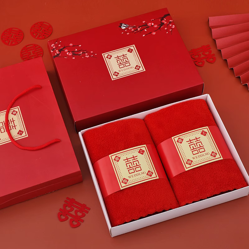 Chinese Wedding Red Towels With Box 双囍结婚毛巾-Changjiu Chinese Wedding Shop