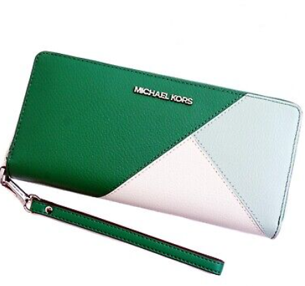 MICHAEL KORS GREEN AND WHITE LONG WALLET WITH ZIPPER
