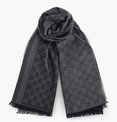 GUCCI WOOL SILK GUCCISSIMA LOGO SCARF DARK GREY