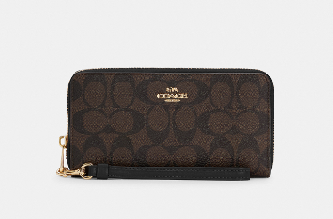 COACH LONG ZIP AROUND WALLET IN SIGNATURE CANVAS CLASSIC DARK BROWN