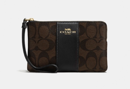 COACH F58035 CORNER ZIP WRISTLET IN SIGNATURE CANVAS DARK BROWN/BLACK