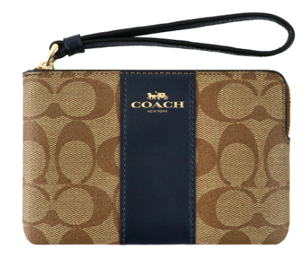 COACH F58035 CORNER ZIP WRISTLET IN SIGNATURE CANVAS BROWN/NAVY