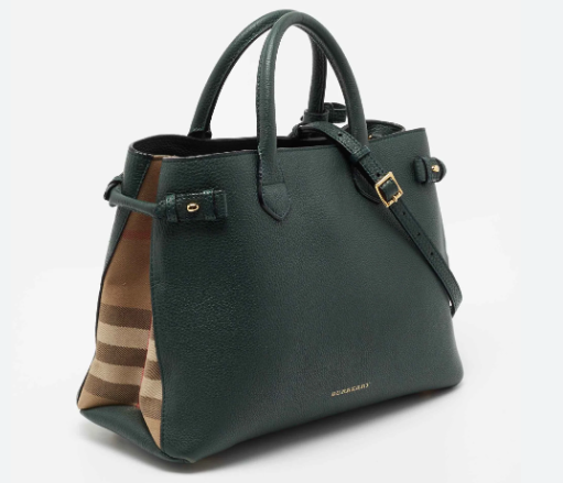 BURBERRY DERBY CALFSKIN HOUSE CHECK MEDIUM BANNER TOTE BAG GREEN