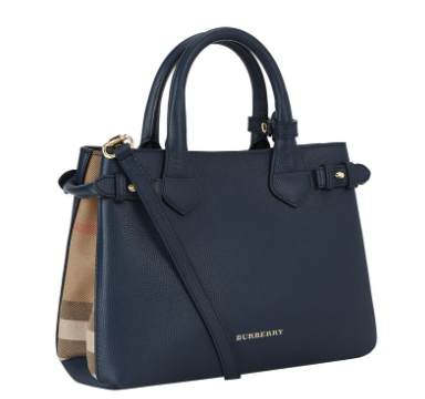 BURBERRY DERBY CALFSKIN HOUSE CHECK MEDIUM BANNER TOTE BAG NAVY