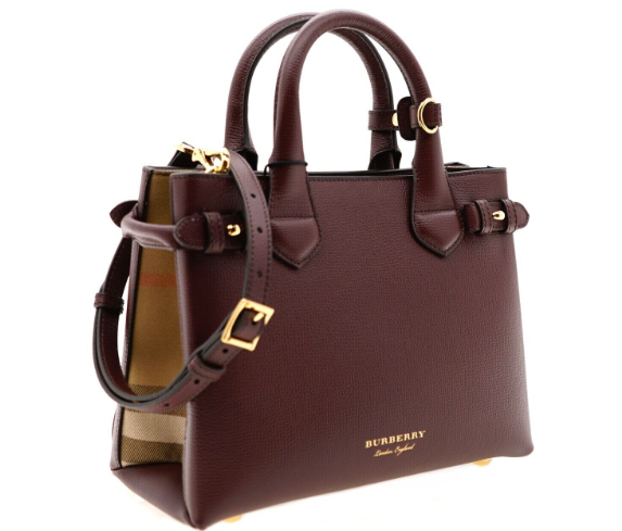 BURBERRY DERBY CALFSKIN HOUSE CHECK SMALL BANNER TOTE BAG MAROON