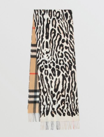 BURBERRY LEOPARD PRINT AND CHECK CASHMERE SCARF IN BLACK