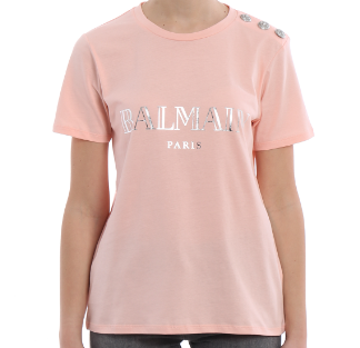 BALMAIN LOGO PRINT PINK COTTON T - SHIRT L