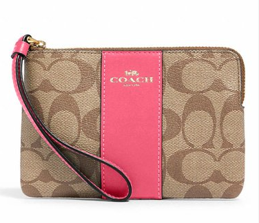 COACH F58035 CORNER ZIP WRISTLET IN SIGNATURE CANVAS LIGHT BROWN/PINK