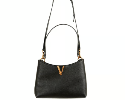 VERSACE LEATHER SHOULDER BAG WITH V LOGO AND STRAP