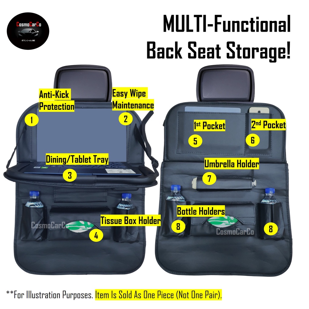 8-in-1 Car Back Seat Organiser with Dining Tray Backseat Hanging Storage Bag Bottle Tissue Box Holder