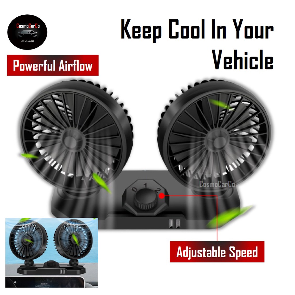 Car Fan Dual Head 2 Speed Mini Vehicle Cooler 360° Hand Rotating 12V With USB Charging Charger Ports