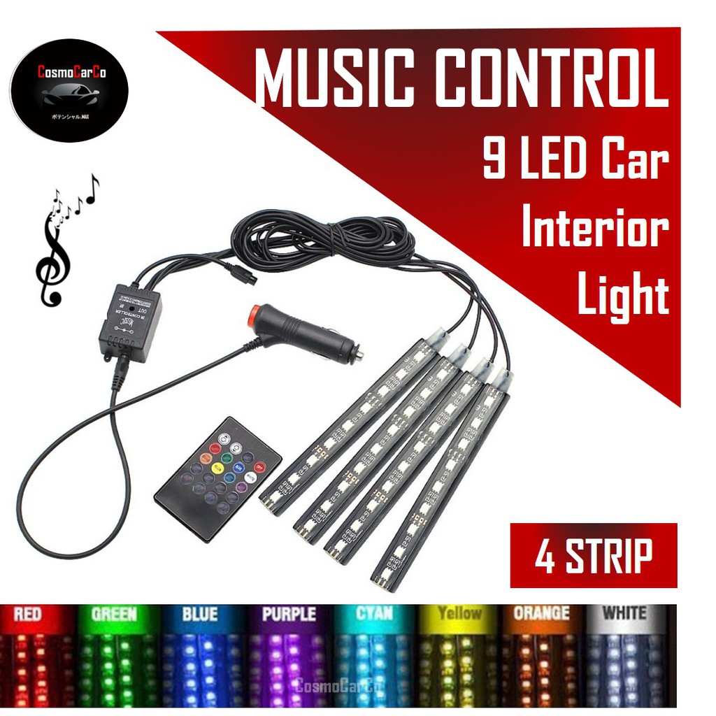 Car Interior LED Light Strip RGB Music Control Decoration Atmosphere Neon Glow 9 LED Lights 8 Color