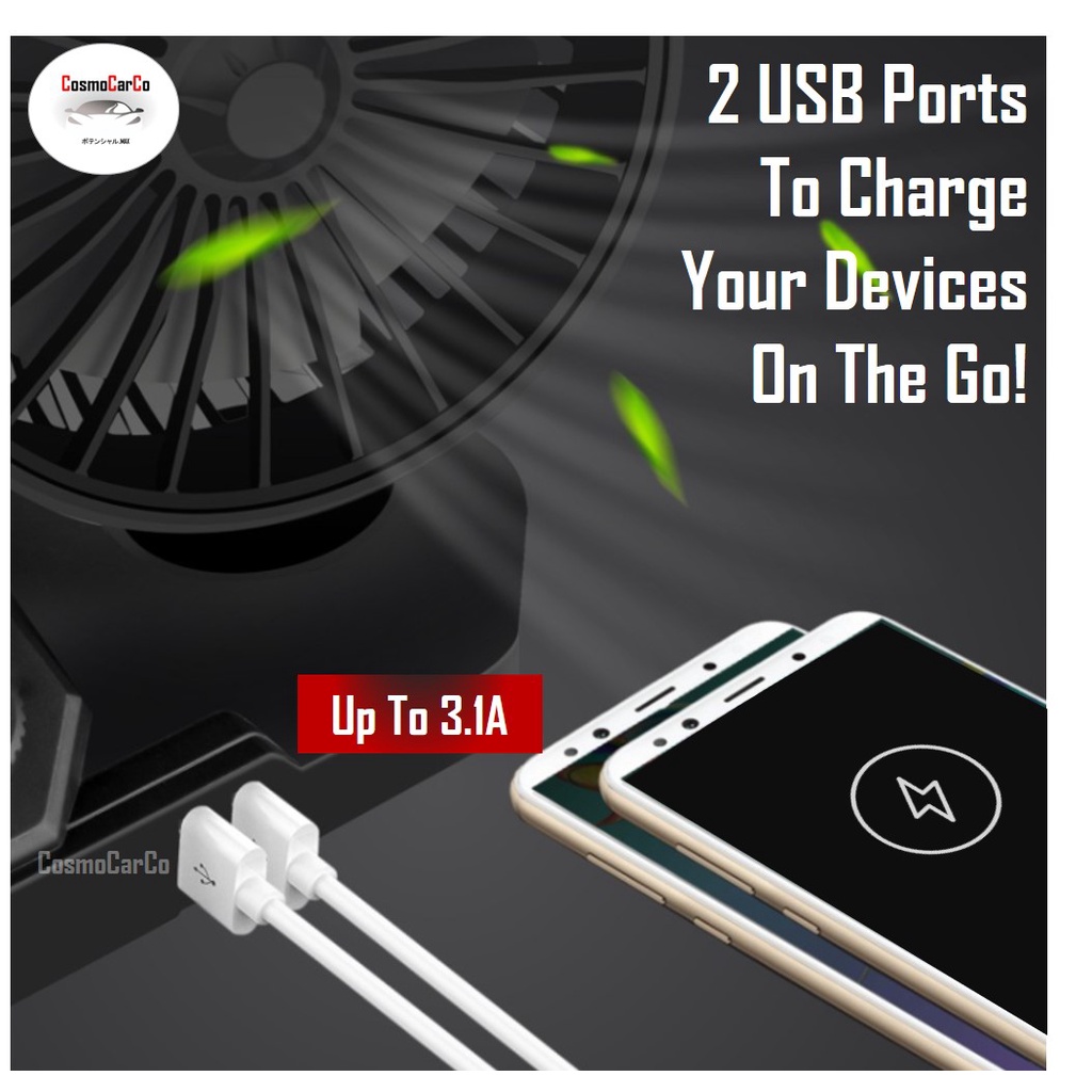Car Fan Dual Head 2 Speed Mini Vehicle Cooler 360° Hand Rotating 12V With USB Charging Charger Ports