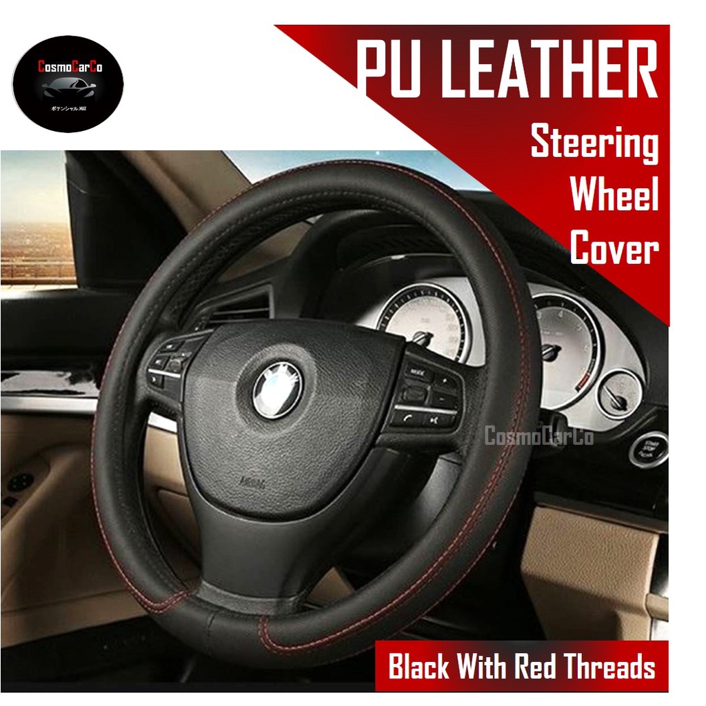 Car Steering Wheel Cover PU Leather Anti Slip Rubber Lining For Toyota & Honda etc 37-38cm Accessories
