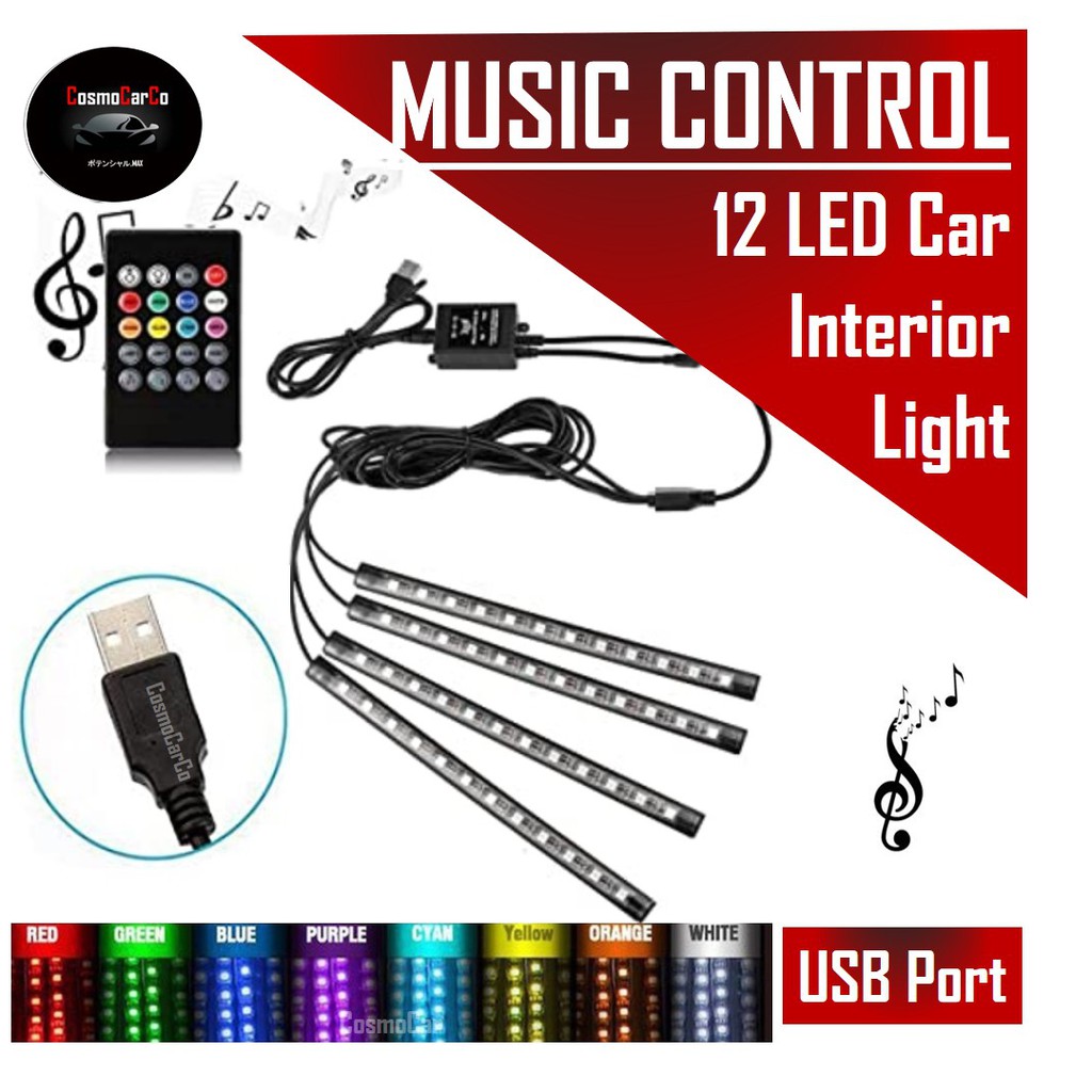 Car Interior LED Light Strip RGB USB Plug Music Control Ambience Decoration Atmosphere Neon Glow 12 LED Lights